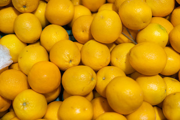 A lot of yellow lemons on a market as a texture or background. Lemon harvest. Healthy and vitamin food. Citrus fruits.
