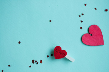 Valentines Day background. Red heart, gift box, ribbon shaped as heart