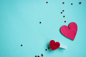 Valentines Day background. Red heart, gift box, ribbon shaped as heart