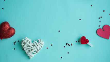 Valentines Day background. Red heart, gift box, ribbon shaped as heart