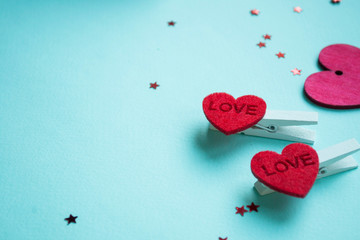 Valentines Day background. Red heart, gift box, ribbon shaped as heart