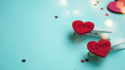 Valentines Day background. Red heart, gift box, ribbon shaped as heart