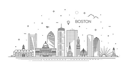 Boston architecture line skyline illustration. Linear vector cityscape with famous landmarks - obrazy, fototapety, plakaty