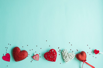 Valentines Day background. Red heart, gift box, ribbon shaped as heart
