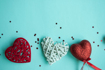 Valentines Day background. Red heart, gift box, ribbon shaped as heart