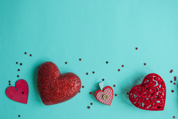 Valentines Day background. Red heart, gift box, ribbon shaped as heart