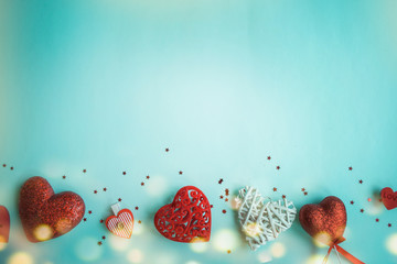 Valentines Day background. Red heart, gift box, ribbon shaped as heart