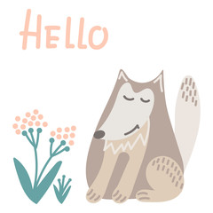 Hello inscription. Cute wolf and flowers . A cartoon animal in the Scandinavian style. Hand-drawn vector illustration.