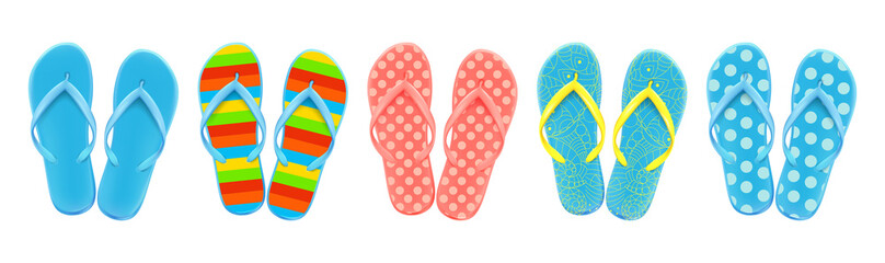 Set of colored summer flip-flops polka dots, stripes, beach shoes, vector. - obrazy, fototapety, plakaty