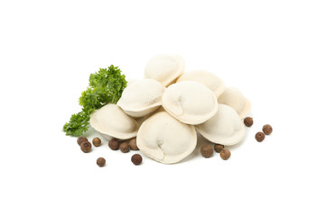 Tasty raw dumplings and spices isolated on white background