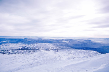 Fototapeta na wymiar Panorama Sheregesh Mountains. Siberia Region. Ski resort.
