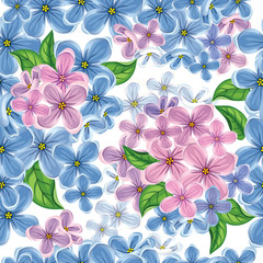 Obraz premium Beautiful background with drawn blue and pink flowers. Seamless illustration, suitable for textiles and Wallpapers. Design pattern. Blooming lilac. Spring garden. Vector.