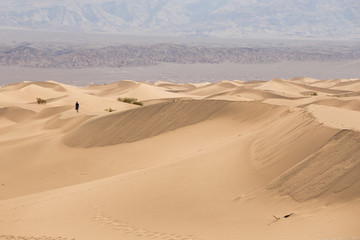 Fototapeta na wymiar death valley sand dunes of Mesquite Flat, one alone person walk on the ridge