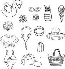  Hand drawing summer set vector linear illustration. Travel. Ice cream. Hat. Swimsuit. White background. Flamingo.