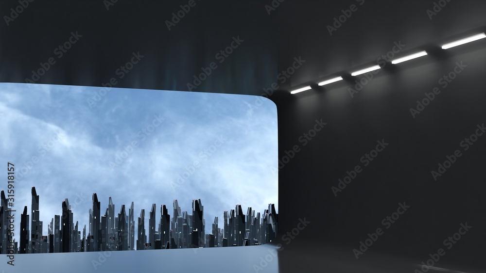 Poster 3d rendering of wide angle view of abstract digital city from large empty window panel room. led lig