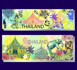 Poster card composition of hand drawn sketch style Thailand related objects. Vector illustration.