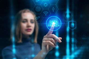 Fototapeta premium Business, Technology, Internet and network concept. Young businessman working on a virtual screen of the future and sees the inscription: Data breach