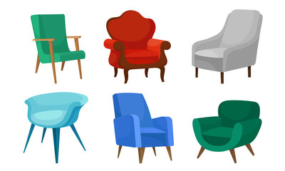 Soft Armchairs Vector Set. Colorful Furniture for Home Interior