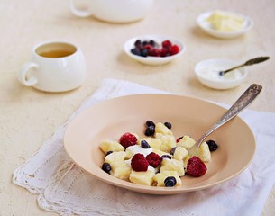 Lazy dumplings or gnocchi from cottage cheese in a clay plate on a light concrete background. Served with sour cream, berries. Dishes from cottage cheese. Useful breakfasts. Selective focus.