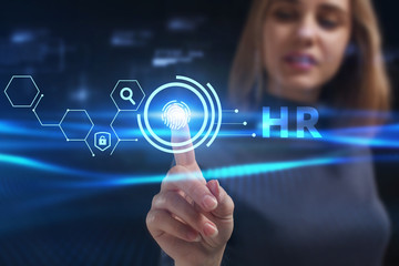 Business, Technology, Internet and network concept. Young businessman working on a virtual screen of the future and sees the inscription: HR