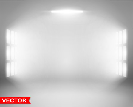 Empty abstract gradient gray studio room background with many white spotlights projectors. Copy space. Layered vector.