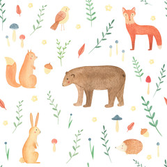 Fototapeta premium Woodland seamless pattern with watercolor hand drawn animals. Cute fox, squirrel, bear, rabbit with forest leaves and mushrooms on white background. Perfect summer print for kids, infants, nursery.