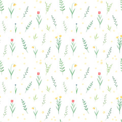 Green summer leaves seamless pattern. Hand drawn watercolor  leaves and flowers on white background. Perfect for textile, fabric, print. Summer vintage design. 