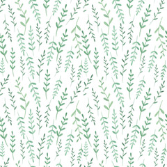 Green summer leaves seamless pattern. Hand drawn watercolor  leaves on white background. Perfect for textile, fabric, print. Summer vintage design. 