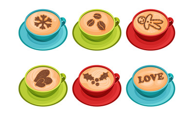 Cups of Coffee with Latte Art on Top Vector Set