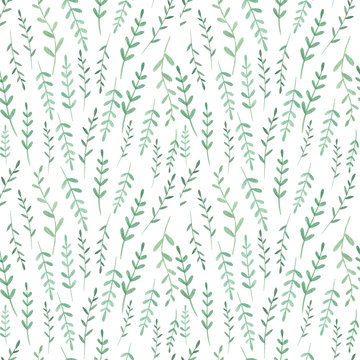 Green summer leaves seamless pattern. Hand drawn watercolor  leaves on white background. Perfect for textile, fabric, print. Summer vintage design. 