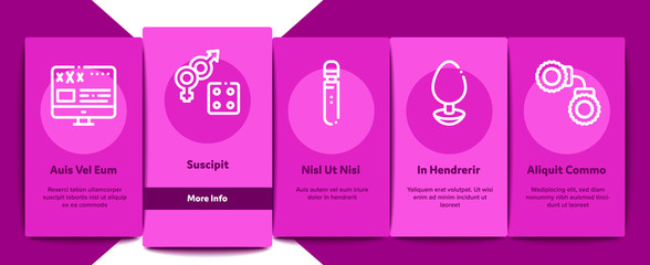 Intim Shop Sex Toys Onboarding Mobile App Page Screen Vector. Intim Shop Building And Internet Web Site, Collar And Handcuffs, Mask And Condom Concept Linear Pictograms. Color Contour Illustrations