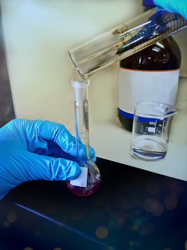 scientist working in laboratory. The background images of witches' magical potions or pharmacists, fantasy images And science Smog around the fask.