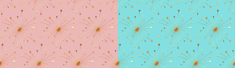 Vector seamless patterns with abstract golden sun on blue and pink backgrounds. Simple and beautiful texture for holidays and celebrations. Lovely and romantic set of endless patterns.