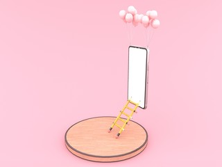 The ladder made of yellow pencil is leaning to the Smartphone white screen and a pink balloons tied to Smartphone white screen is floating, Isolated on Pink Background, illustration, 3D rendering.
