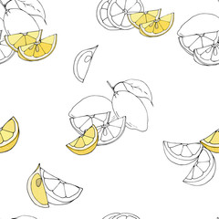 Seamless pattern with yellow slices of lemons on a white background. Bright vector hand-drawn illustration.