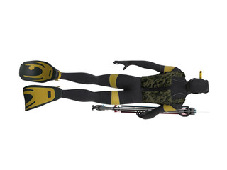 Top side view of  isolated diver carrying speargun while swimming. White background ready cutout 3d rendering