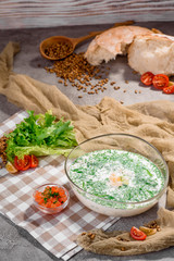 Cold soup with shrimp and cream in a beautiful transparent bowl on a light concrete background in a beautiful composition with fresh vegetables. Close-up. Space