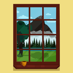 Spring window with view on the mountain, coffee on the windowsill. Spring is coming greeting card template. Vector illustration in flat style
