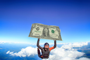 1 dollar. Parachutist is flying a flag of dollar bill. National investment. Fly men in black suit. 