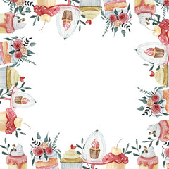 Watercolor sweet dessert illustration valentine's frame. Delicious cake and chocolate illustration. Wedding floral set. Food arrangements