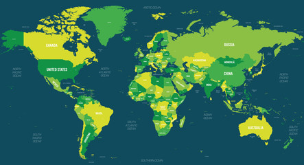 World map - green hue colored on dark background. High detailed political map of World with country, capital, ocean and sea names labeling