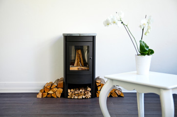 wood stove in modern clean white interior