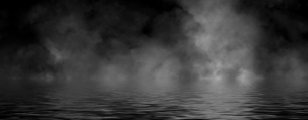 Panoramic view abstract smoke steam moves on black background texture . The concept of aromatherapy. Reflection on water. Stock illustration.