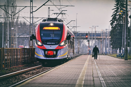 Passenger train at the station. Koluszki, Poland.	