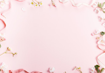 Festive flower composition on the white wooden background. Overhead view