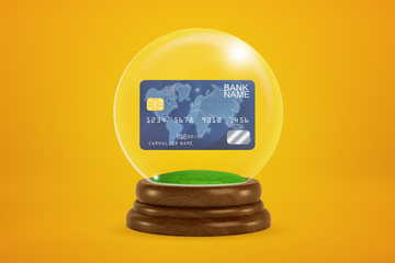 3d rendering of plastic bank card inside snow globe on amber background.