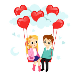 Happy Valentine s Day Greeting Card Concept. Couple In Love Is Flirting And Smiling. Boy And Girl Are on The Swing With Air Balloons In Heart Shape. Flat Style. Vector Illustration