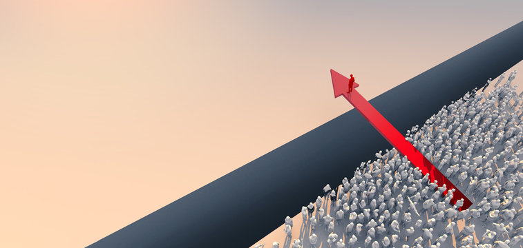 3d render leadership red people outstanding with position above red success arrow over crowd people below,successful determination businessman with red direction arrow reach to best point of view
