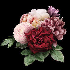 Vintage floral arrangement, bouquet of garden flowers. White and red roses, purple tulip, dark pink peony, chrysanthemum isolated on black background. 