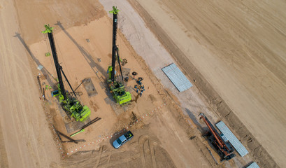 Aerial view pilling rig at construction site